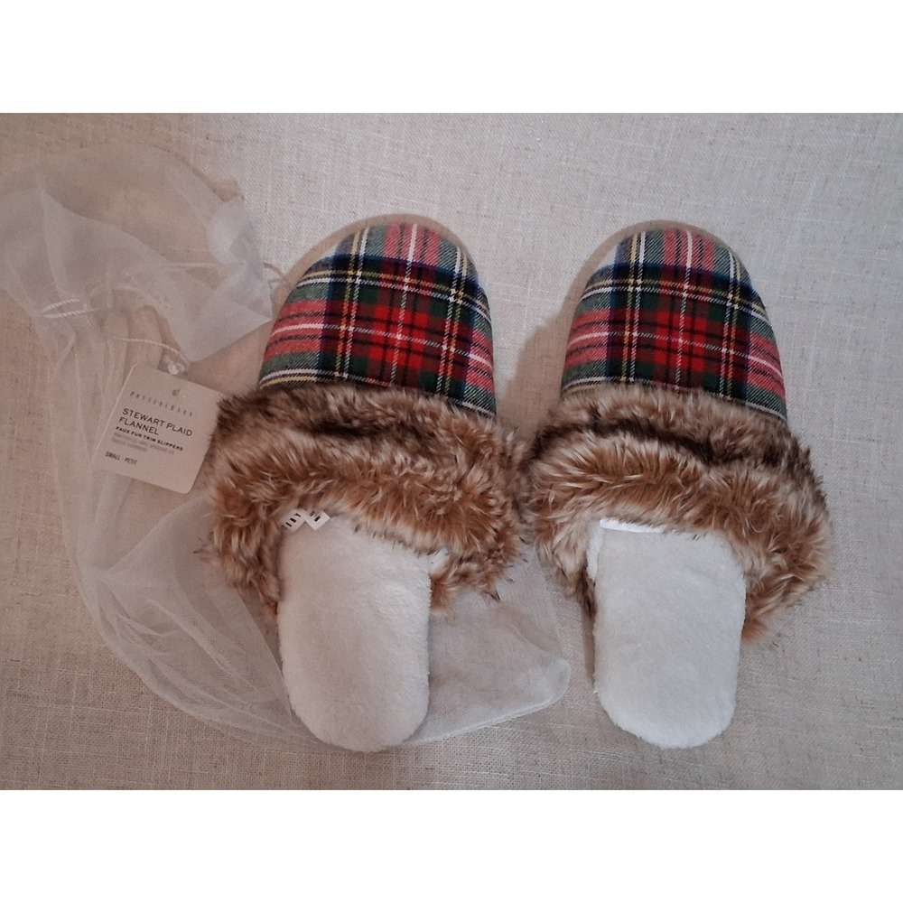 Pottery Barn Stewart Plaid Flannel Faux Fur Trim Slippers Red Green Small NEW - Picture 5 of 6